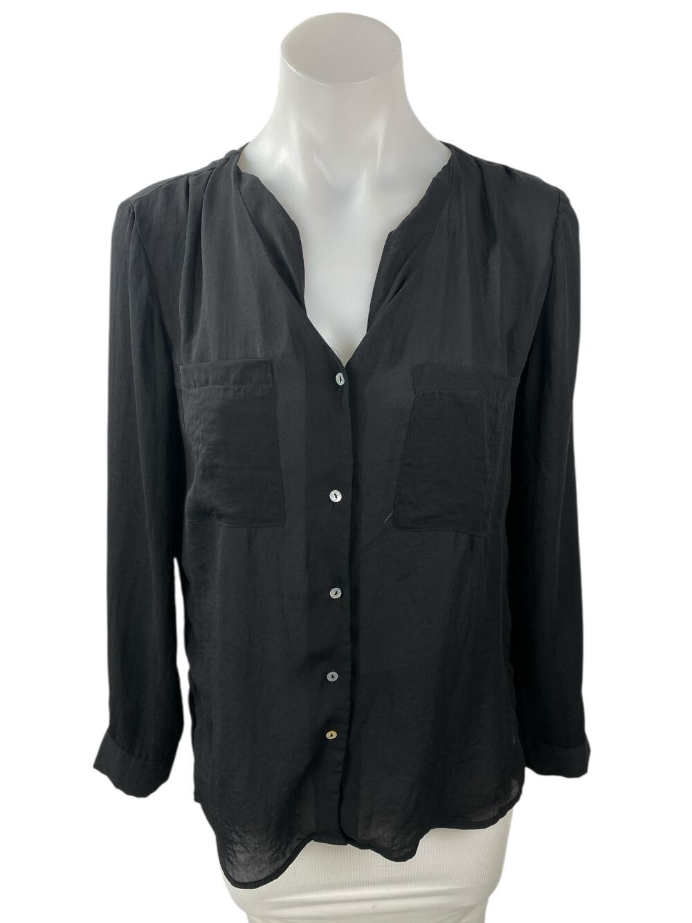 H&M Conscious Women's Black V Neck Long Sleeve Button Down Shirt Blouse Top Sz 2